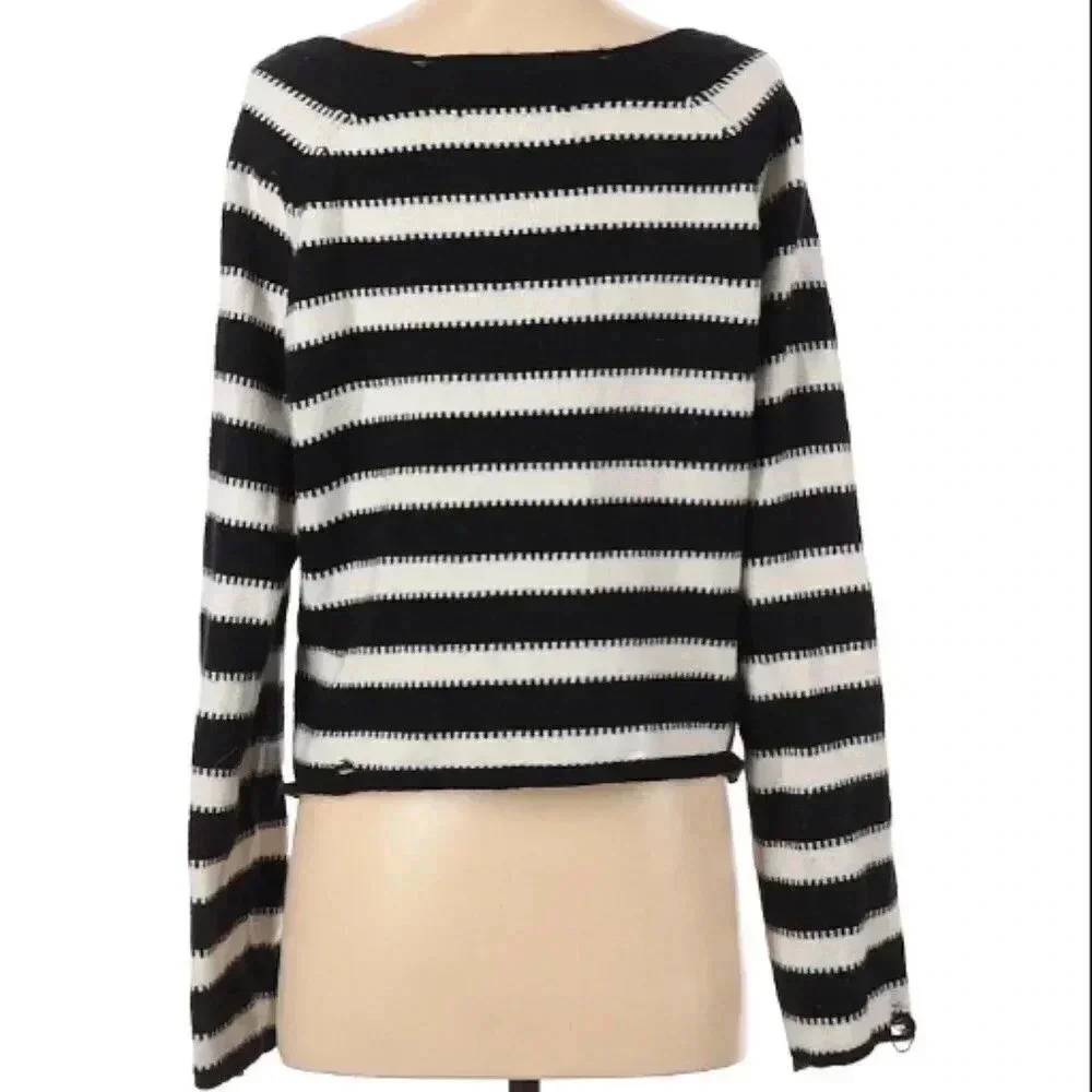 Wildfox Distressed Striped Vneck Sweater Black White